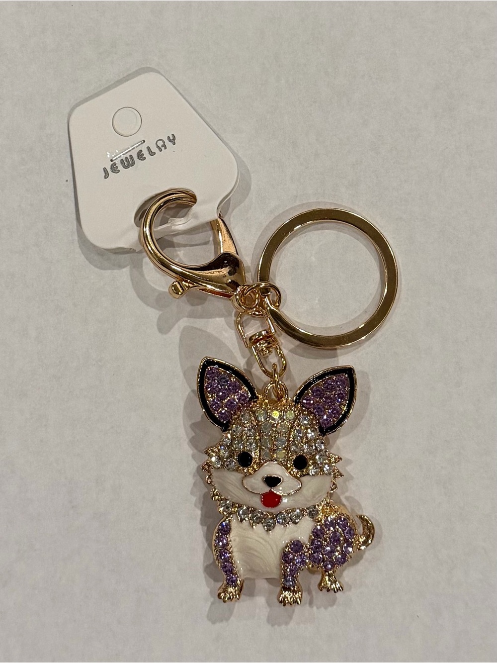 NWT Rhinestone Corgi Dog Keychain Bag Charm Purple Gold